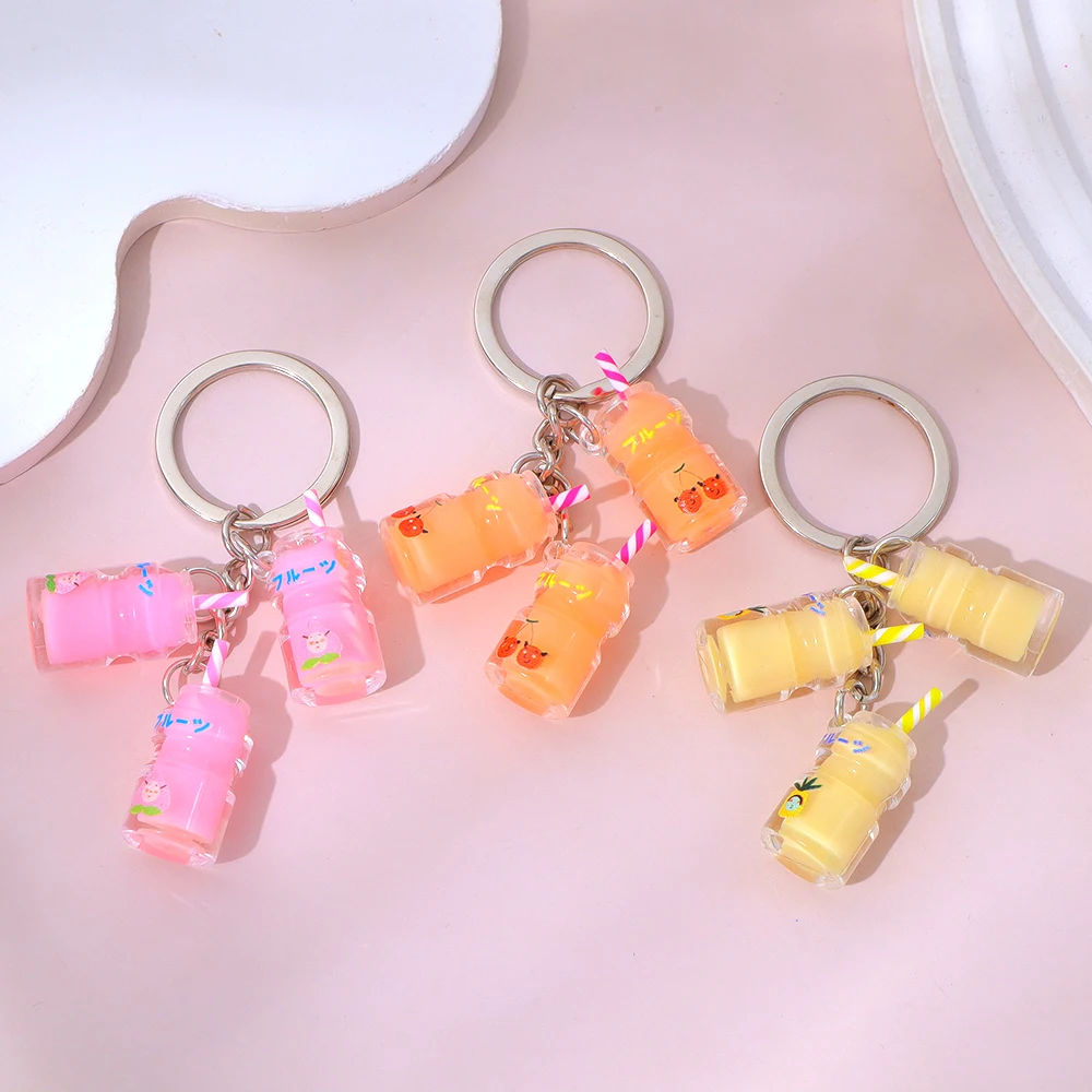 Mini Lactobacillus Drink Bottle Keychain Colored Fruit Cup Pendant Resin Keyring Girls Car Trinket Backpack Decor Party Gifts