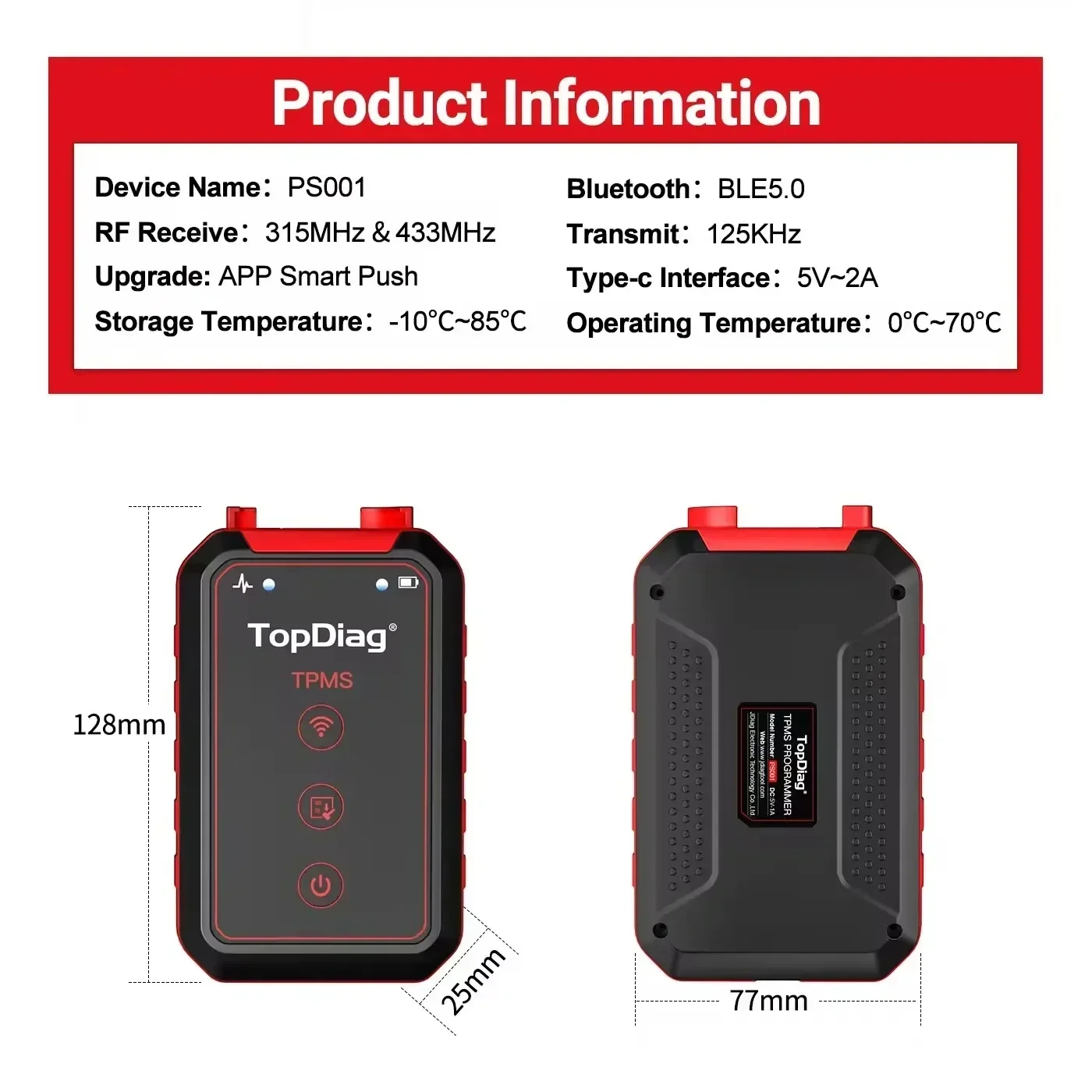 TopDiag PS001 Auto-TPMS-Diagnose-Service-Tool, aktivieren, löschen Sensoren, Programm, TPMS, OBDII-Kit, Reifendruck-Matching-Instrument