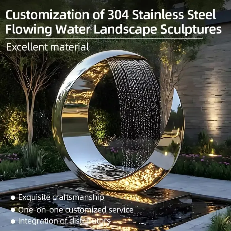 Stainless Steel Circular Ring Sculpture Outdoor Garden Water Feature Ornament Mirror Polished Finish Large-Scale Landscape Art