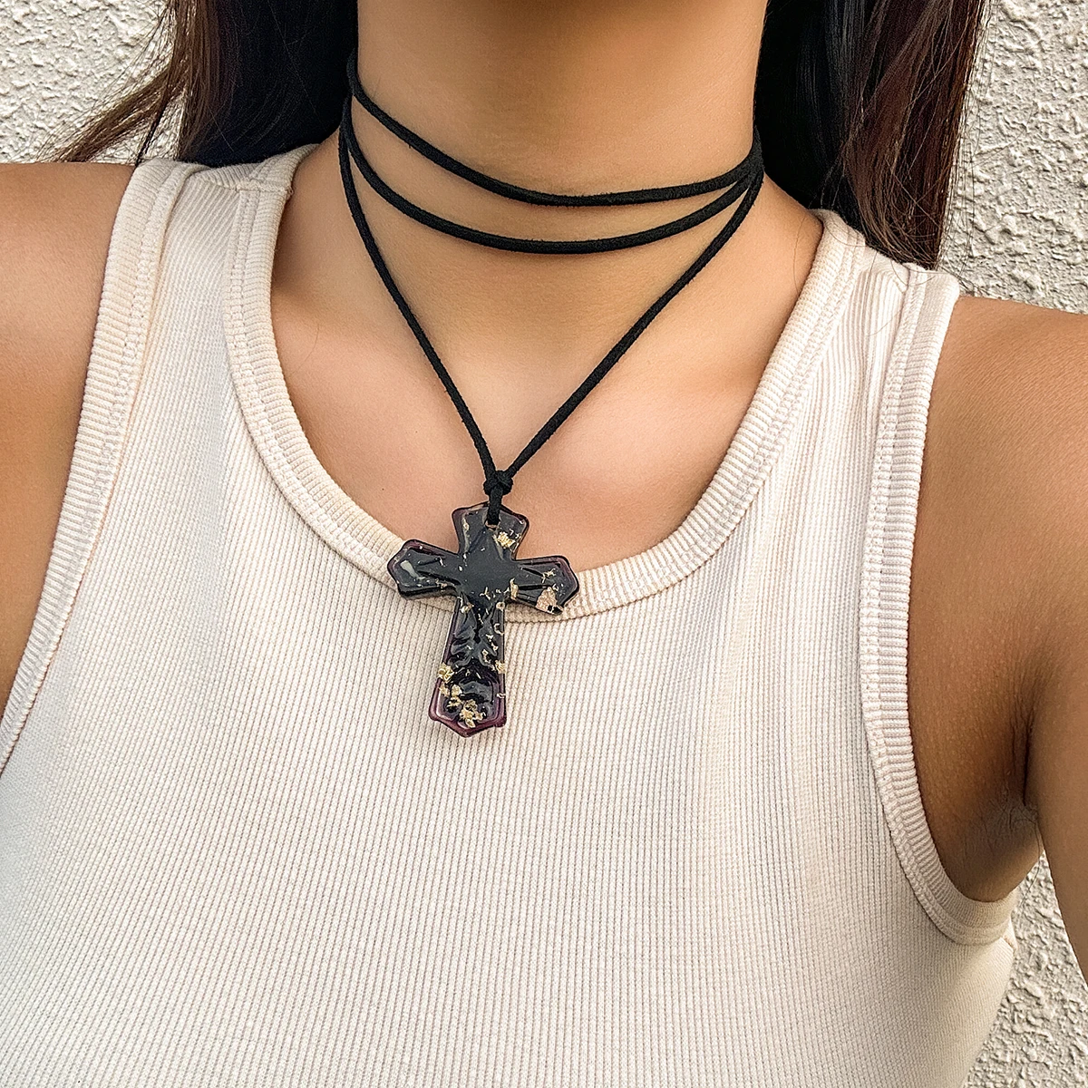 PuRui Trendy Resin Cross Pendant Women Necklace Long Rope Choker Adjustable Neck Clavicle Chain Vintage Jewelry Girls Y2K Party