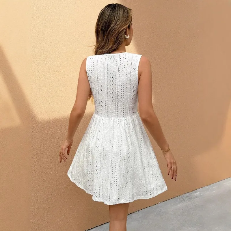 크로스보더 여름 신상 우아한 민소매 브이넥 레이스 스플라이스 자카드 캐주얼 드레스 유럽 및 미국 스타일 스커트