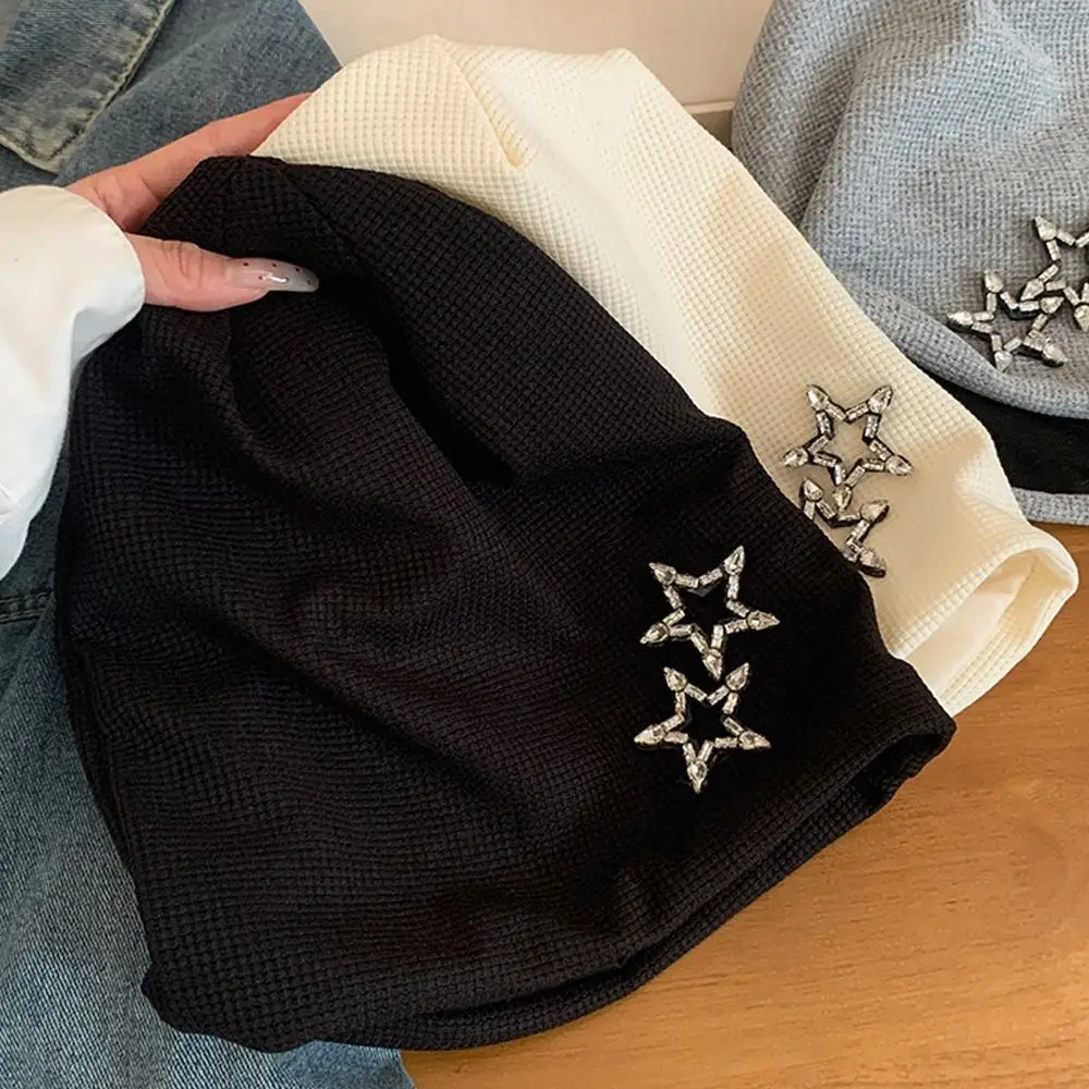 Kawaii Bling Bling Decor Star Beret Hat Ear Protection Brimless Star Beanie Cap Warm Knit Elastic Slouchy Skull Cap Street Style