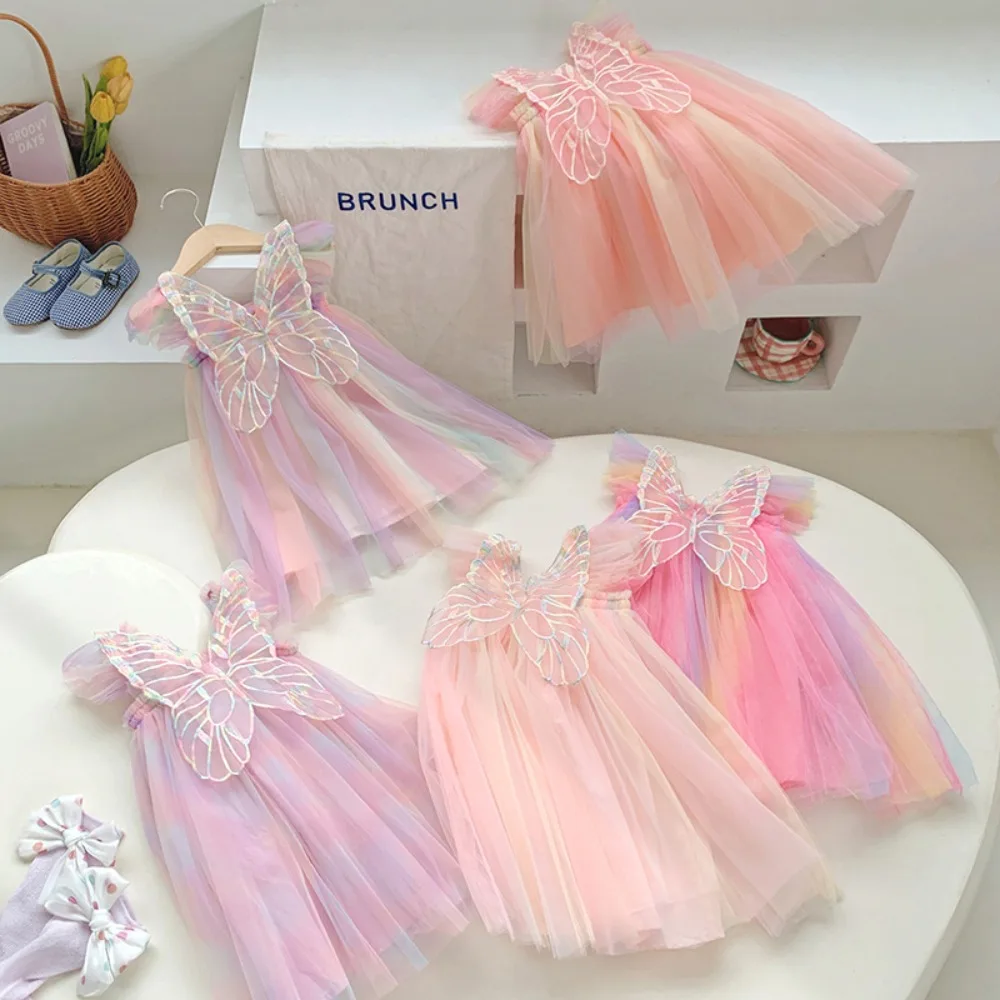 Trendy 3D Angel Wings Princess Dress Lace Sleeveless Rainbow Dress Mesh Fairy Dress