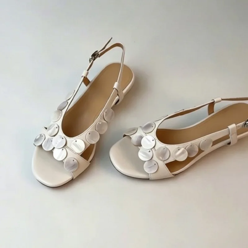 High Quality Leather Slingback Sandals Natural Shell Embellishments Open Toe Low Heel Womens Shoes Bohemian Casual Women Sandals