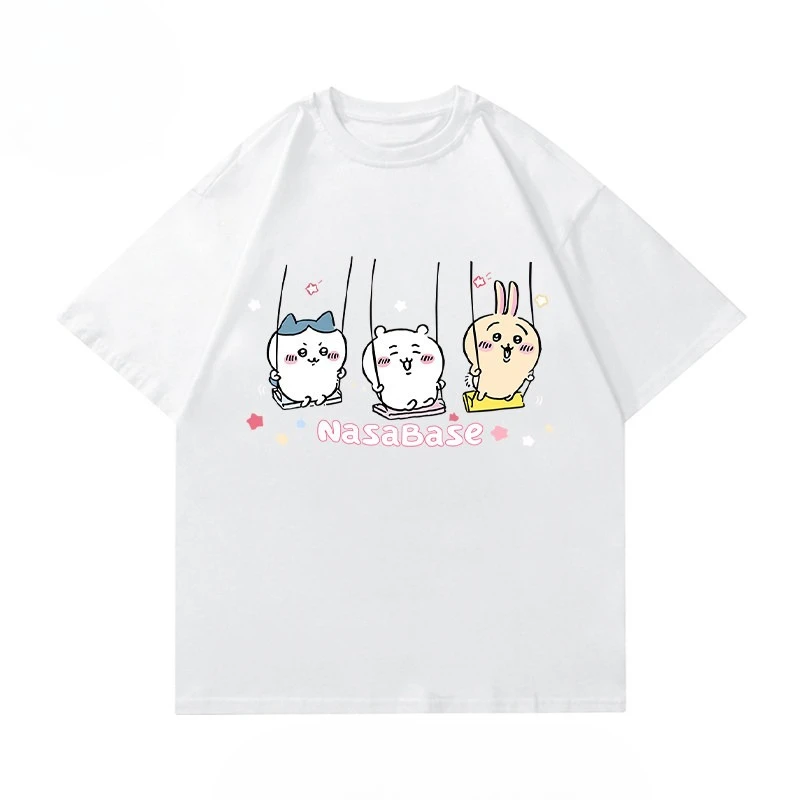Girls Pure Cotton Chiikawa Swing Pattern T Shirt Pink Loose Kids Tee Lovely Three Cartoon Characters Print Breathable Skin