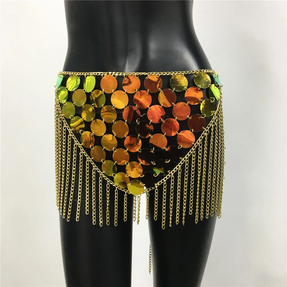 Sequins Festival Rave Outfits Women 2 Piece Set Metallic Halter Tank Top See Through Fringe Mini Skirt Tassel Beach Body Chain