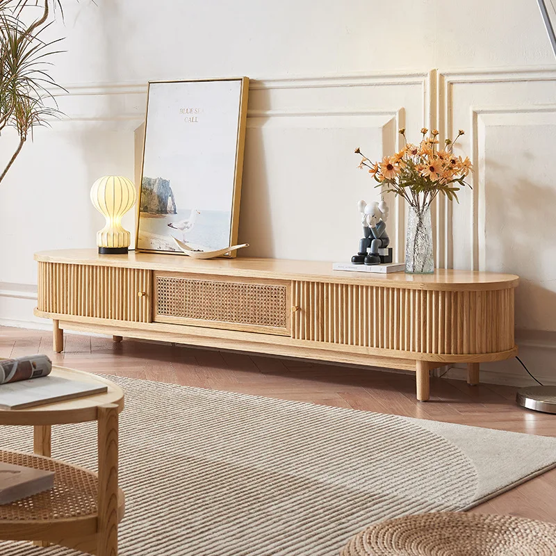 

Retro rattan TV cabinet ash wood household small apartment Japanese-style wabi-sandy wind living room