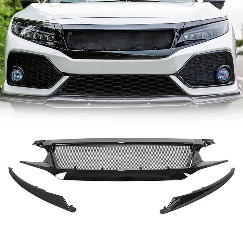

Racing Grills For 2016-2019 Civic Sports Glossy Black Grill Grille Trim Front Bumper Car Accessories