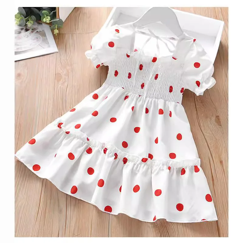 Short-sleeved Dress with a Polka Dot Print for Summer with a Small Square Neckline for Small Children and Girls