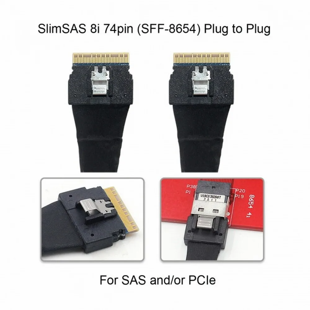 Server High Speed Cable Slim SAS 4.0 SFF-8654 8i 74pin Male Host to SFF-8654 74Pin Slim SAS Male 48Gbps