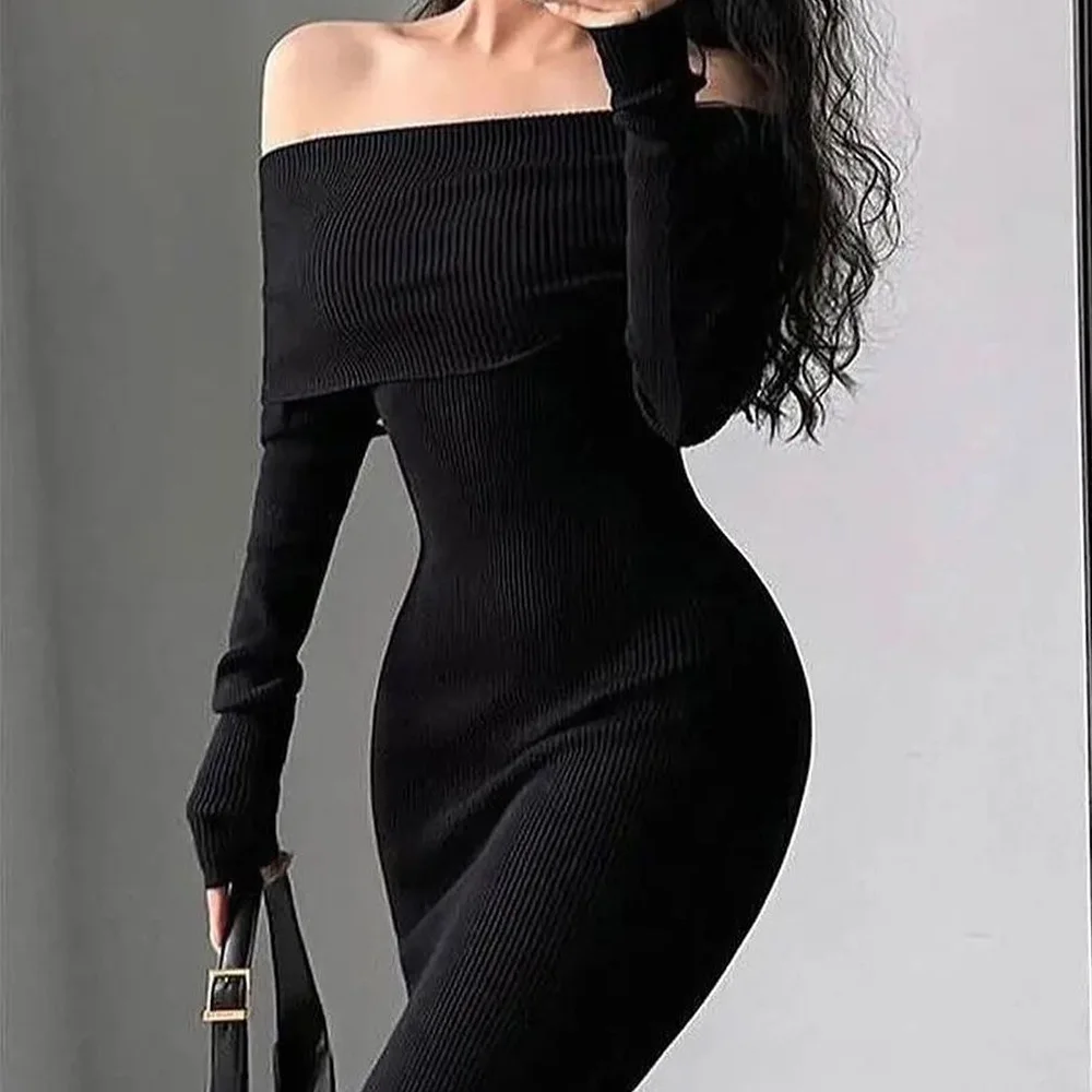 Off the Shoulder Long Sleeves Knitting Boat Neck Ankle Length Straight Temperament and Graceful Evening Dress Solid Color 2024