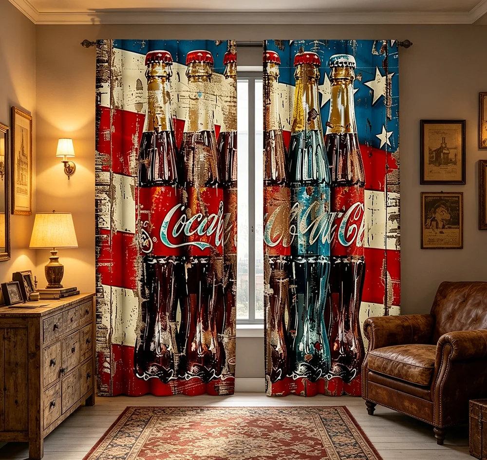 2PCS Digital Printed Curtains, American Retro Soda Pop 50s Diner Nostalgic, Home Decor Style for Living Room Bedroom Decor