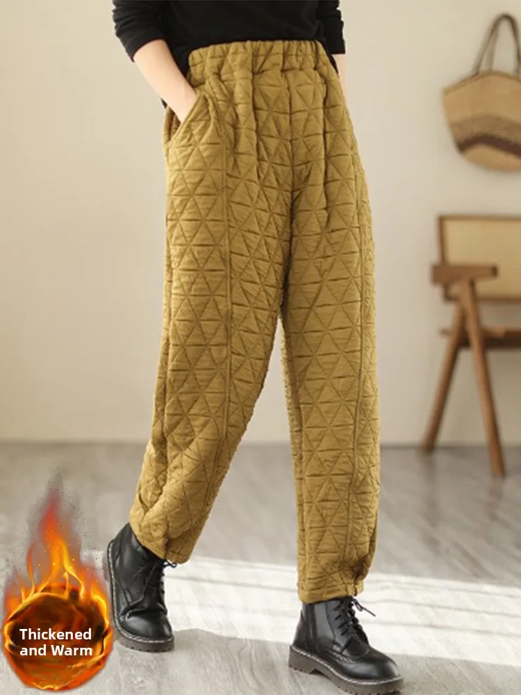 

Теплые хлопковые брюки Thiened для женщин, зимние длинные брюки с высокой талией в стиле ретро и ромбовидным узором Harlan, несъемные внутренние наполнители