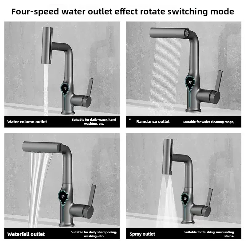Waterfall Temperature Digital Display Basin Faucet Lift Up Down Stream Sprayer Hot Cold Water Sink Mixer Wash Tap For Bathroom