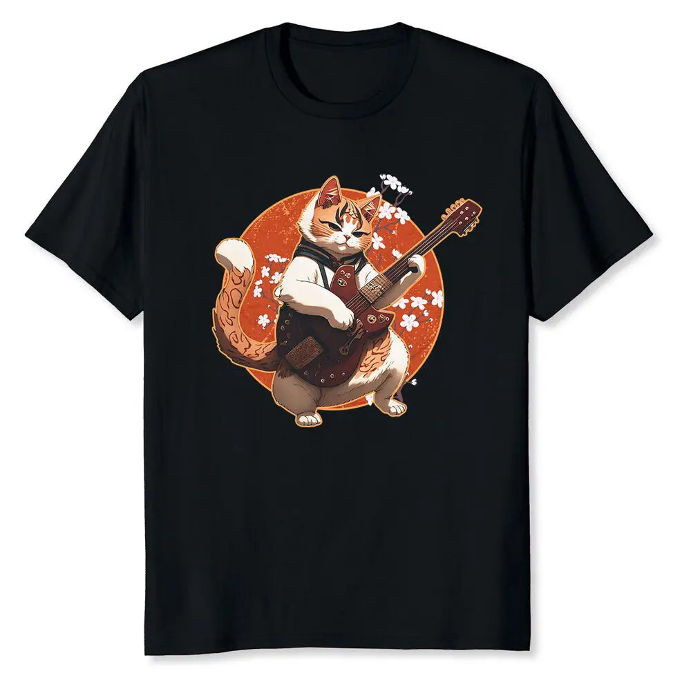 Cool Japanese Samurai Cat Playing Guitar T-Shirt Anime Graphic T-shirts For Men Clothing Women Short Sleeve Tees Vintage