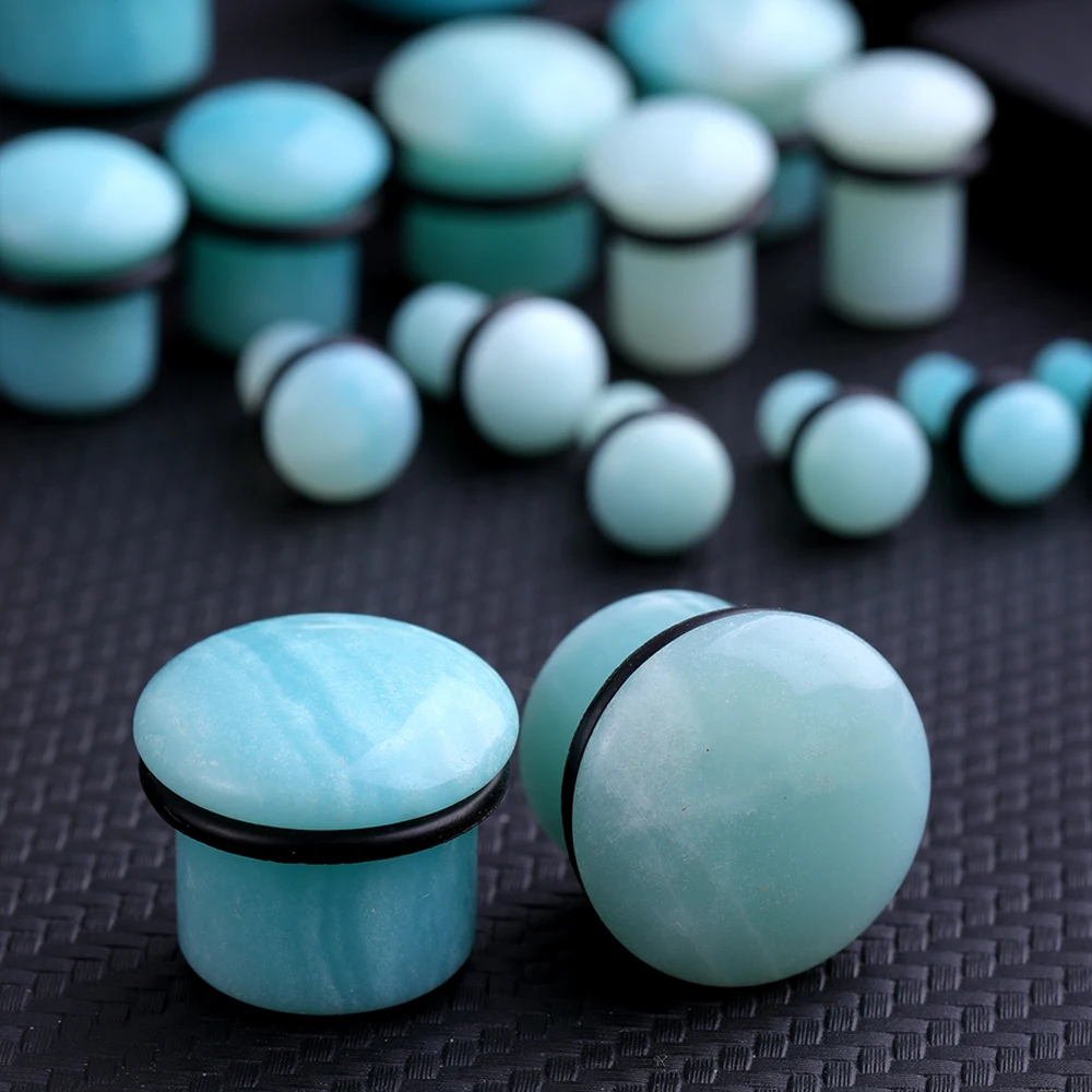 Natural Amazonite Stone Piercing Flesh Ear Stretcher Plug and Tunnels Single Flare Ear Expander Gauges Kit Piercing Body Jewelry