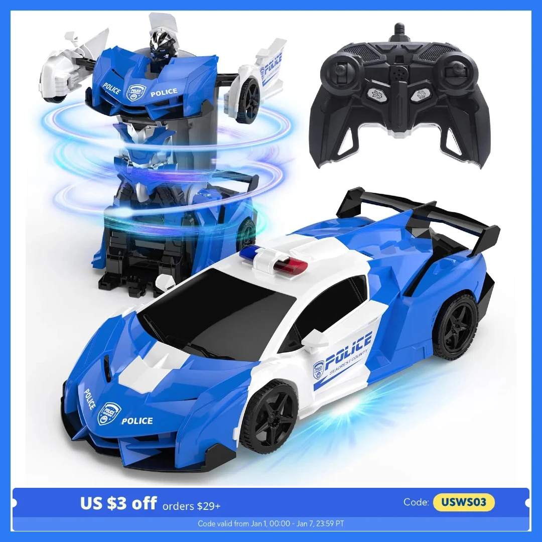 DEERC DE39L Transform RC Car: 2.4GHz, 1:18 Scale, Police, One-Button Deform, Drifting, Kids' Gift