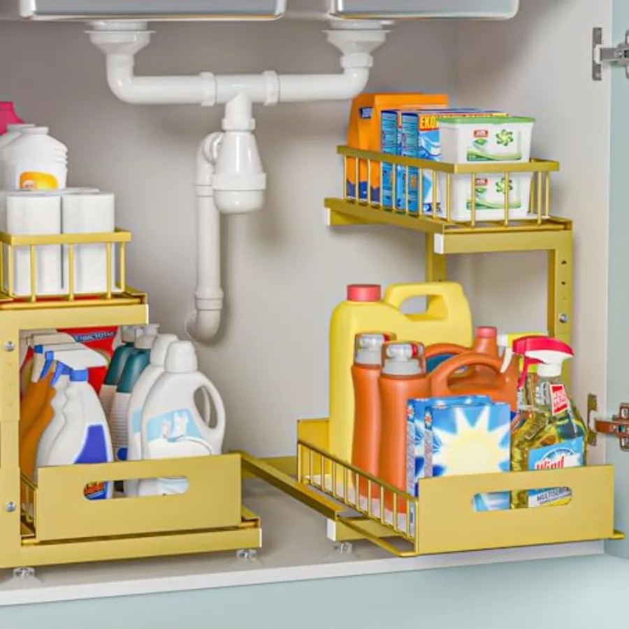 

Under Sink Organizer, 2-Tier Premium Metal Pull-Out Racks with Adjustable Height, Heavy Duty Sliding Bin for Bathroom and Kitch