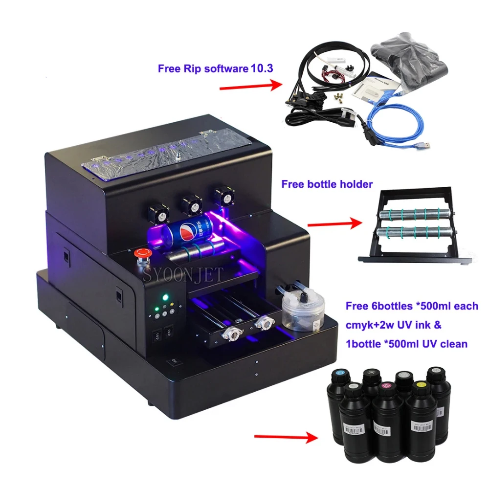 2025 Syoonjet Automatic A4 UV Flatbed Printer With 3500ml Ink Set For Phone Case Cylinder Wood Glass Printing