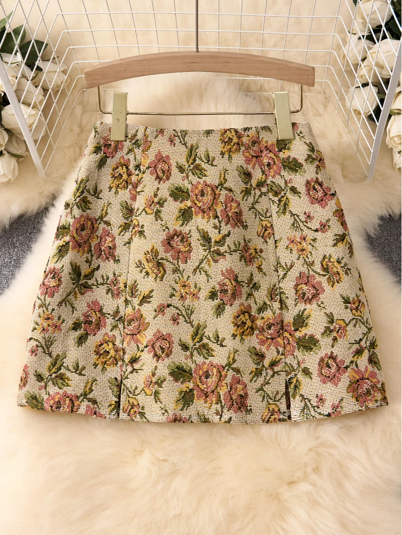 Dames Boheemse bloemenjacquard minirok met hoge taille en split