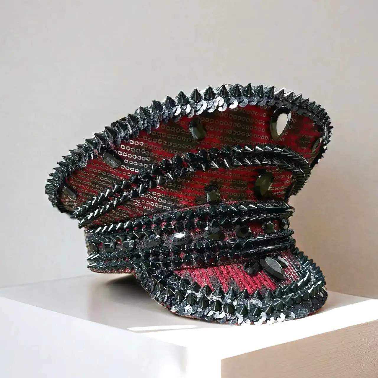 HongLuan Red Leopard Kapitän Hüte Strass für Burning Man Festival Frau, Halloween Kostüm Hut, Cosplay Weibliche Accessoires