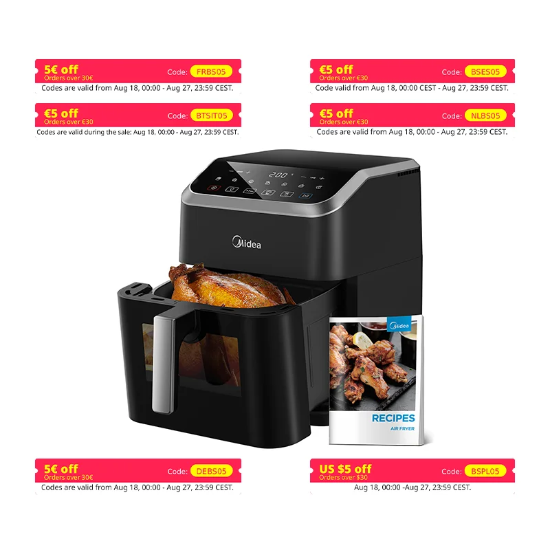 Midea Heißluftfritteuse, 7 l Fassungsvermögen, HeatXpress-Technologie, 90 % weniger Öl, Energie und Zeitersparnis mit 7 Voreinstellungen, Easy-View-Fenster