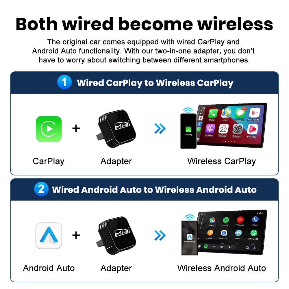 MMB Mini Ultra Wireless CarPlay Android Auto Adapter 2 in 1 USB AI Car Accessories for Totoya VW Chevrolet Hyundai Auto Connect