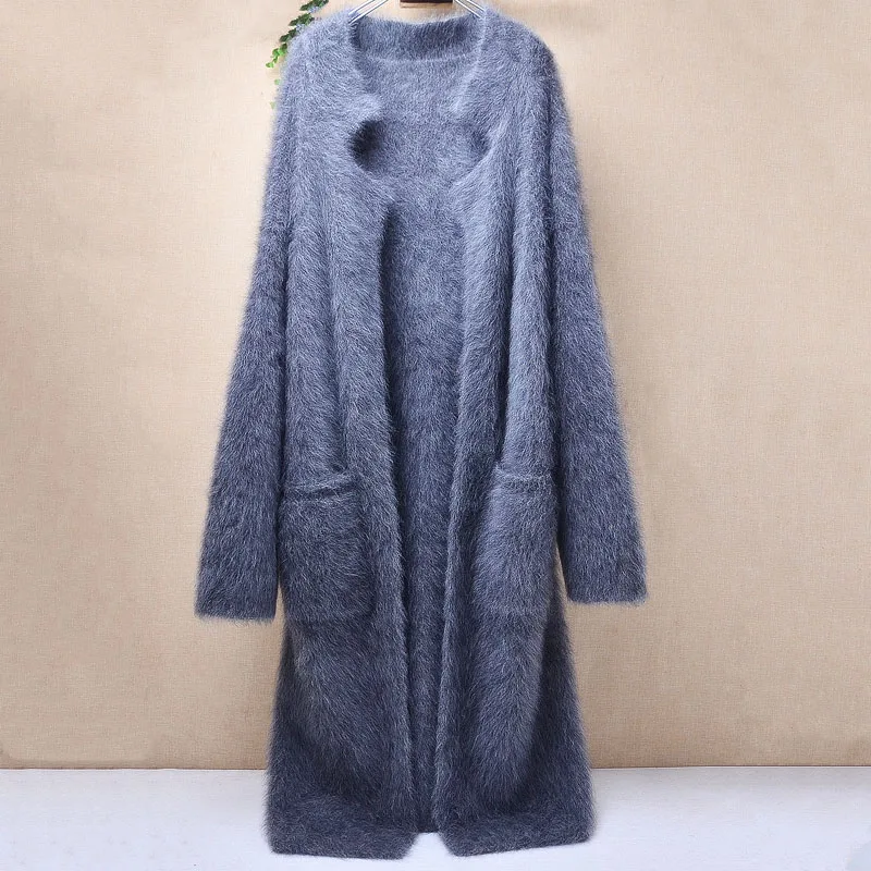 Ladies Women Autumn Winter Fashon Grey Hairy Mink Cashmere Knitted Long Sweater Angora Fur Suit Collar Cardigan Mantle Coat Pull