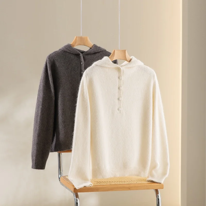 Birdtree,Wool Blended Warmth Sweater,Women Knitted Basics Solid Coat,Hooded, Full Sleeve, 2025 Autumn Casual Pullover T5D109JF