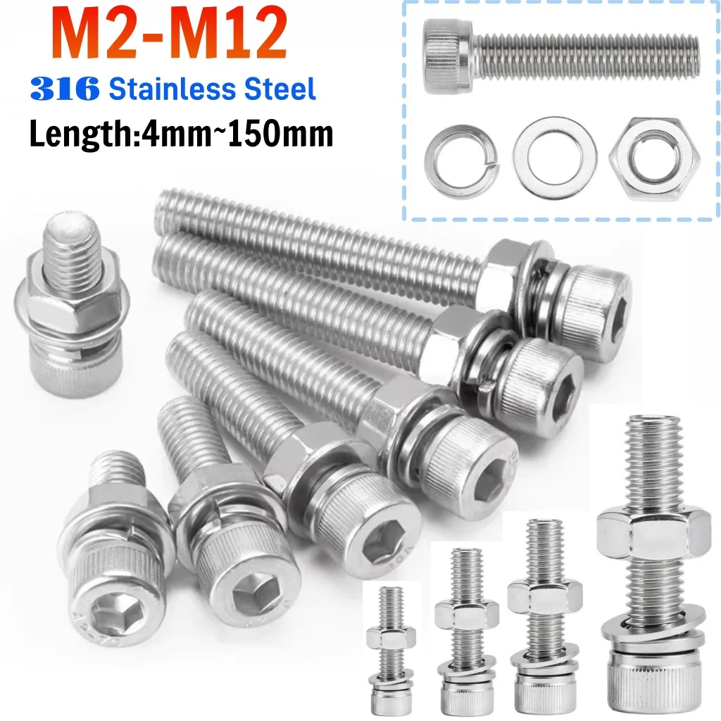 Hex Socket Head Cap Screw Nuts with Gasket Spring Washer Sets 316 Stainless Steel Allen Head Bolts and Nuts Kits M2 M2.5 M3-M12