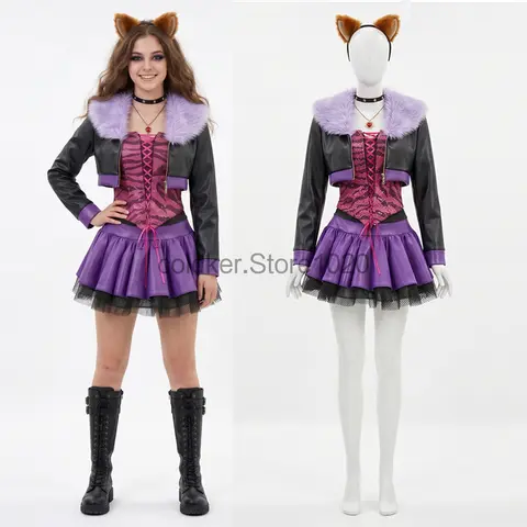 New Anime Clawdeen Wolf Cosplay Costume for Women Monster School Role Play Uniform Full Set Halloween Carnival Party Outfits