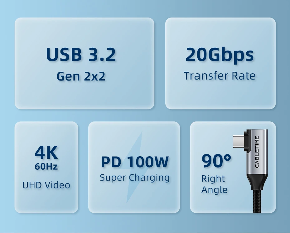 CABLETIME USB-C zu USB-C Kabel USB 3.2 Gen 2 20Gbps 90 Grad PD100W 4K@60Hz Video Schnelles Laden für iPhone 17 Macbook Pro iPad – Detail 2