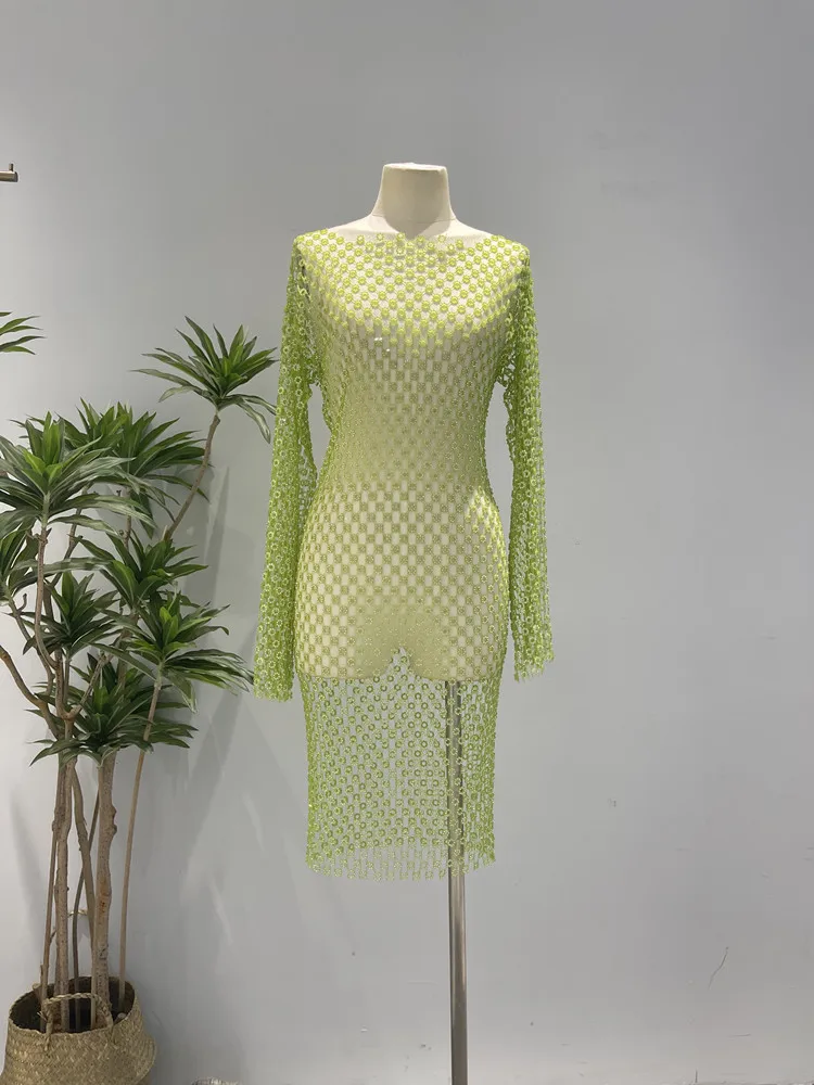 2024 Women Dress Summer Hollow Out Sexy Crystal Diamond Dresses Long Sleeves Fishnet vestido See Through Dress fashion