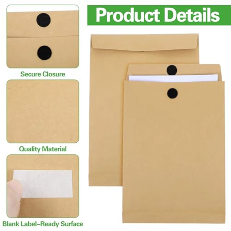 24Pcs Kraft Paper Document Envelopes, 23.7x33cm Large Capacity Button Closure File Folders, Paper Pouches for Office