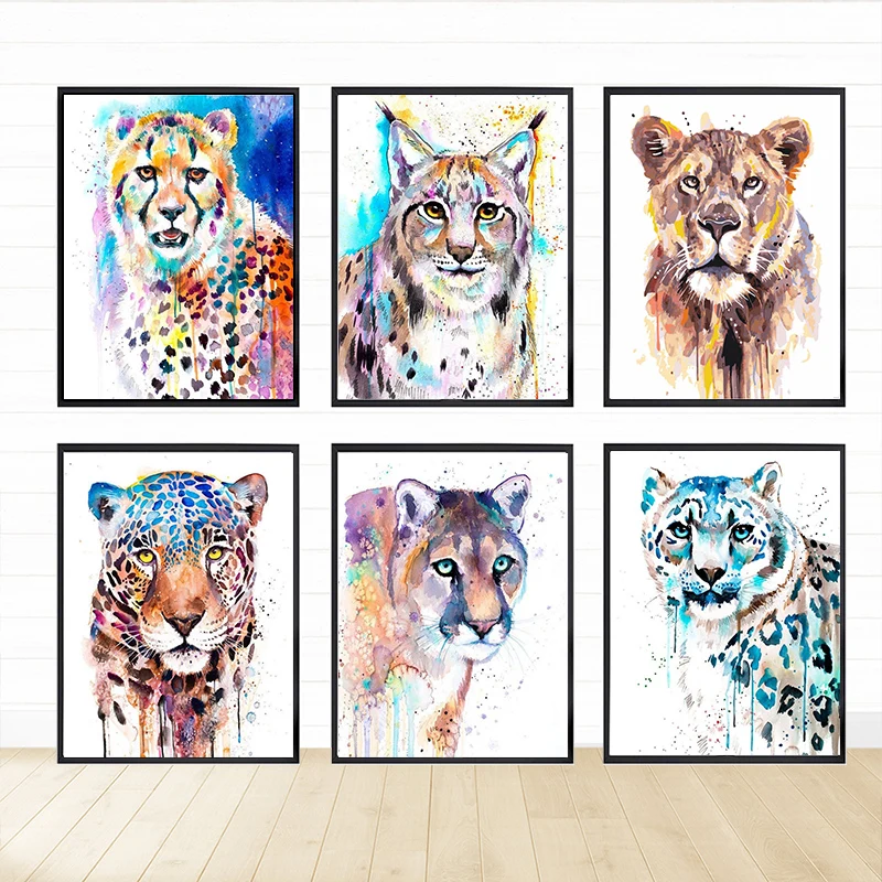 

watercolor Lion Poster and Prints Tiger Leopard Wild Animals Canvas painting with Frame for LivingRoom Wall Art home Decoration