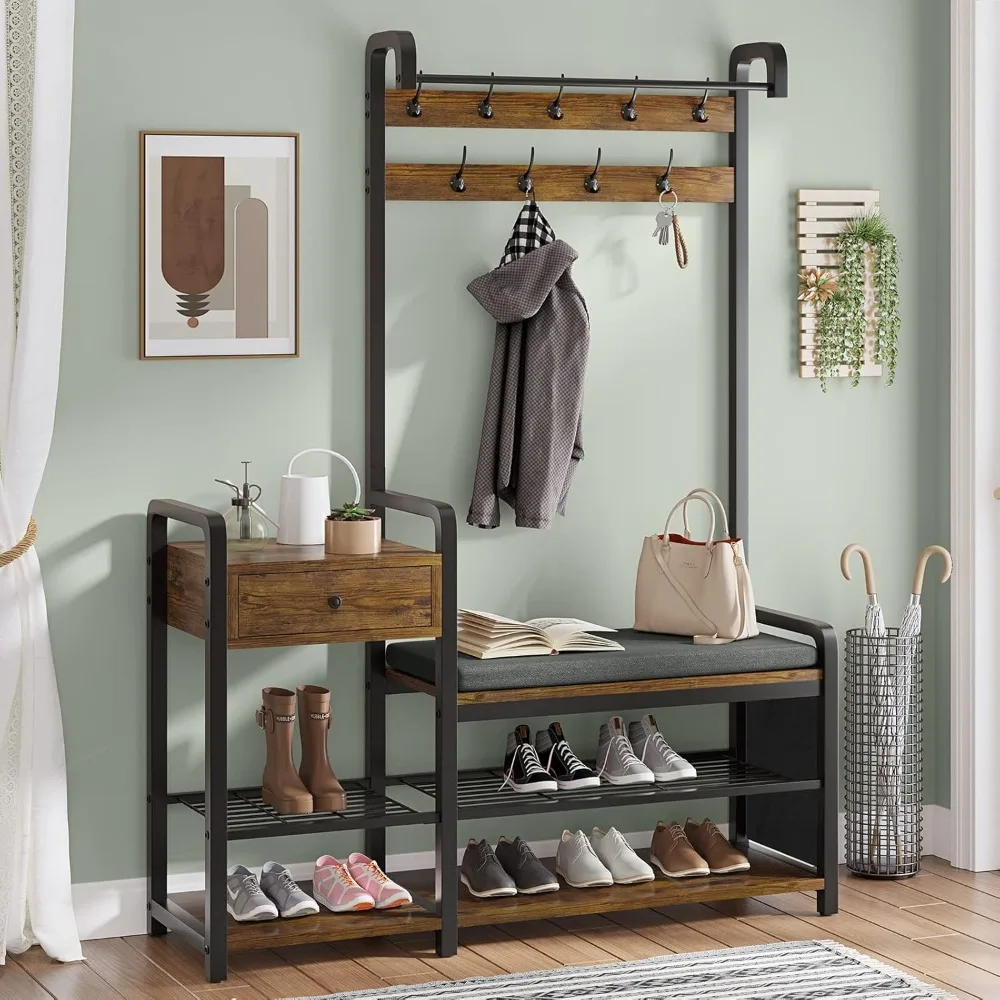 Hall Tree, Entryway Bench, Coat Rack Shoe Bench, Shoe Storage and Storage Drawer, Soft Cushion and Hanging Rod for Living Room
