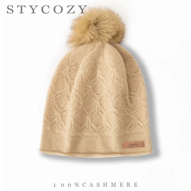100%Cashmere Knit Winter Hat Women Rhombus Pattern Cable Solid Color Beanie Outdoor Warm Pom Poms Bonnet Rear Opening Skull Cap