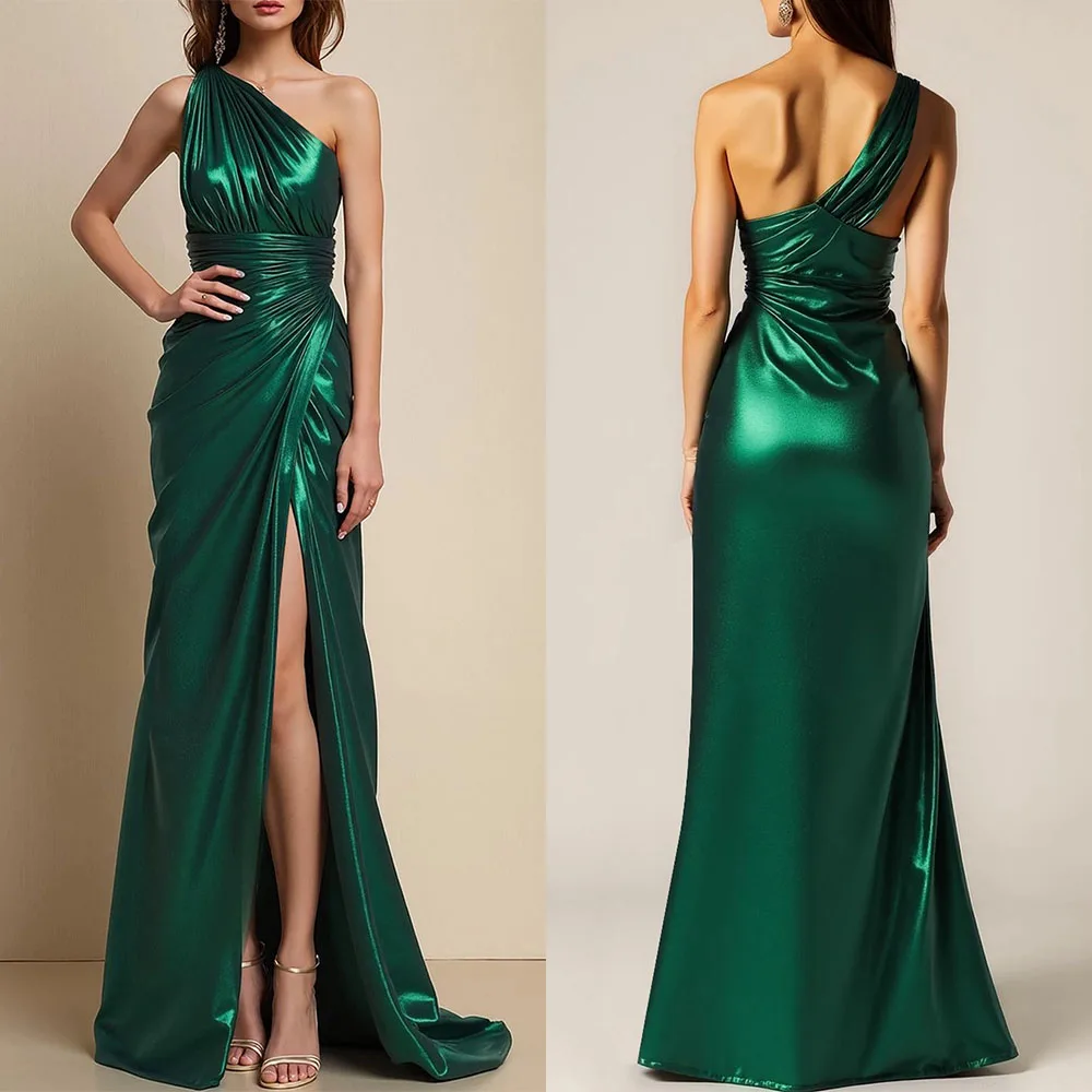 

High Quality Customized One Shoulder Floor Length Green Pleat Sleeveless High Fork Платье Корейский Стиль Dress for Women فساتين