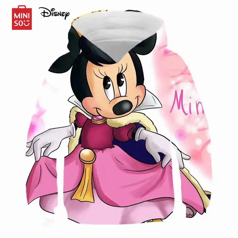 MINISO Disney Girls Mickey Mouse Hoodies Spring Autumn Cartoon Casual Sweatshirts New Long Sleeves Fashion Hooded Top 1-14 Years