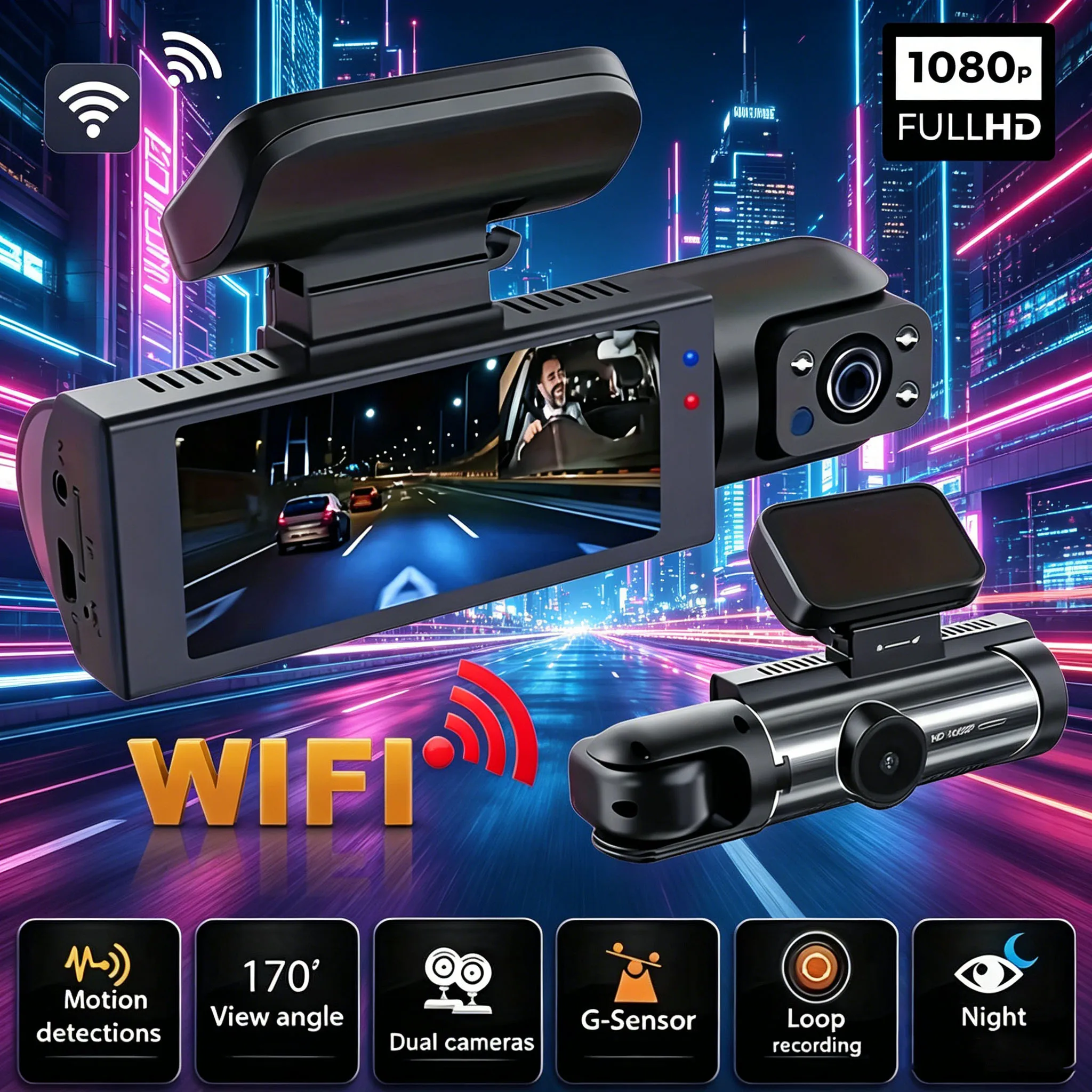 Dash Cam Dual Camera for Cars,Front and Inside,Car Camera with IR Night Vision,Loop Recording,Wide Angle Car DVR Came,1080P,WIFI