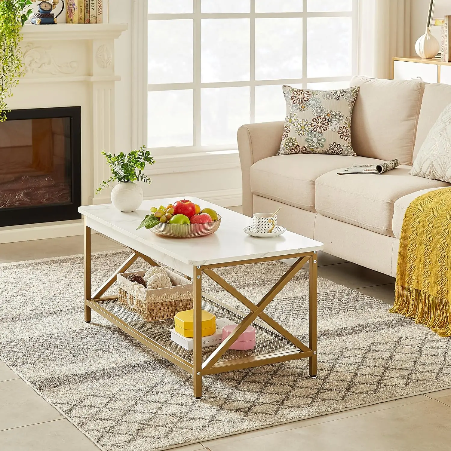 Rectangular Living Room Coffee Table with Storage Shelf, Minimalist Style, Easy to Assemble Bedroom Decorative Table