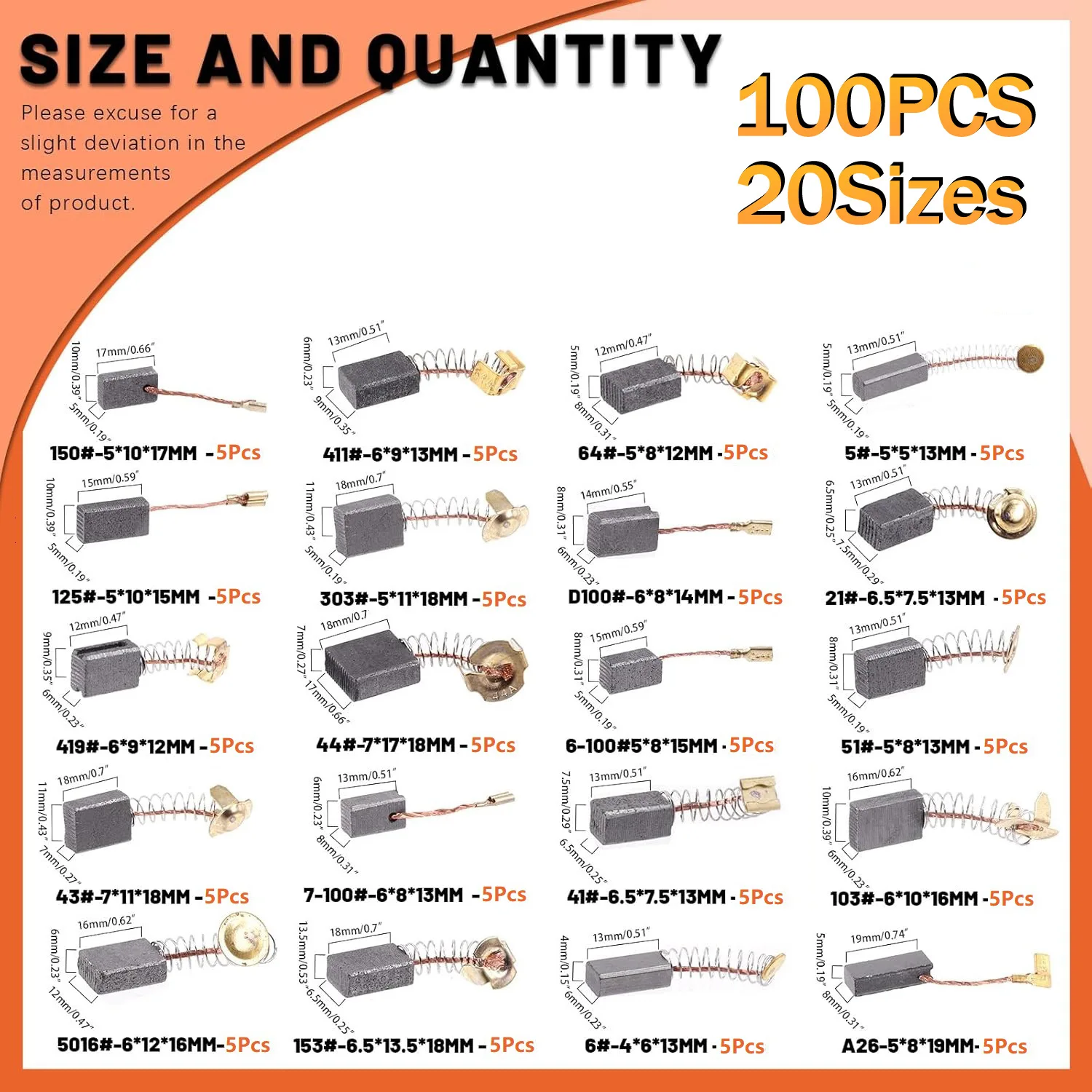 100Pcs Carbon Brushes Assorted Set 20 Types for Brush Type Motor Maintenance Compatible with Various Home Appliance Motors