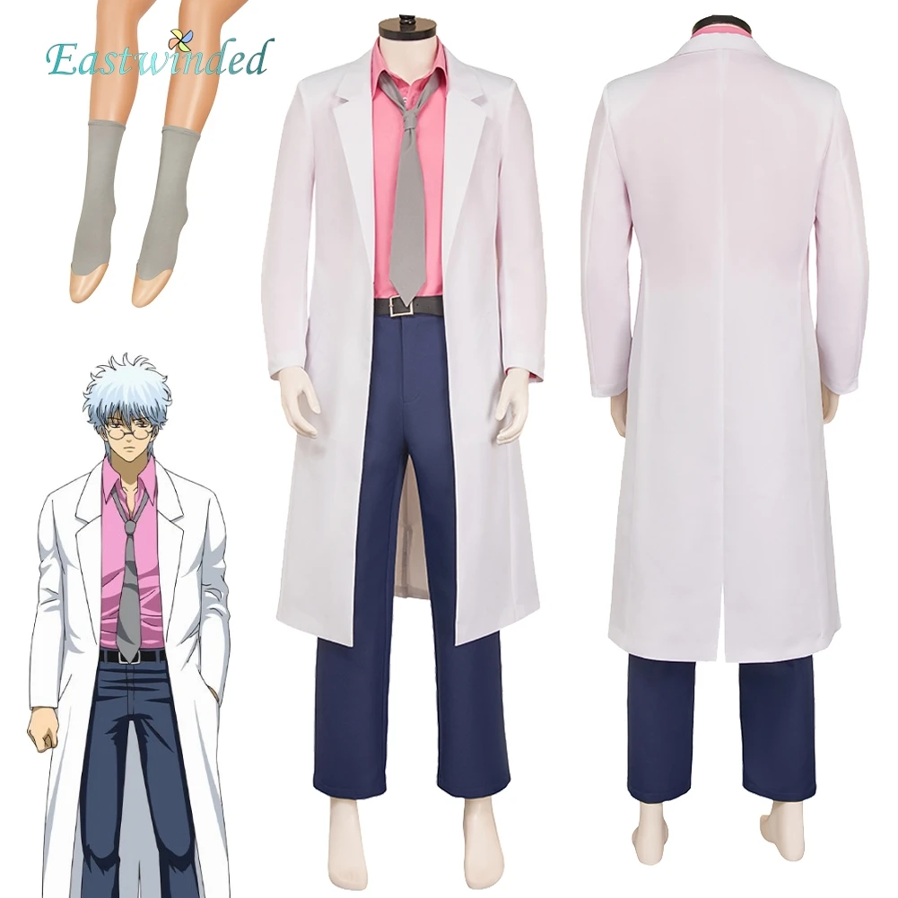 أنيمي جينتاما ساكاتا جينتوكي تأثيري الوردي قميص معطف أبيض زي وتتسابق التعادل الجوارب السراويل الكبار الرجال هالوين كرنفال حفلة