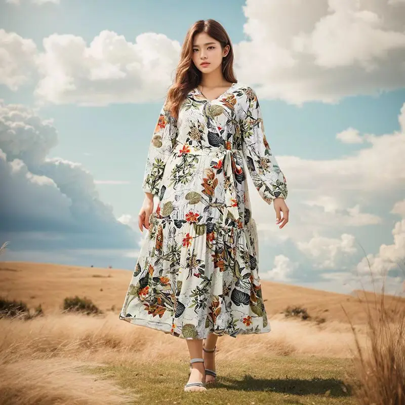 

Autumn and winter large-size women's lantern sleeves lace-up dress, holiday style v-neck waist printed long dress, fashionable,