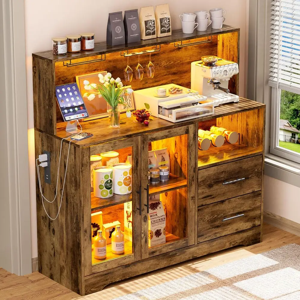 Mueble Bar con Estante para Vinos, Mueble para Licores con Luz RGB, Muebles de Barra de Café con Toma de Corriente USB, Muebles para Vinos para el Hogar con Luz