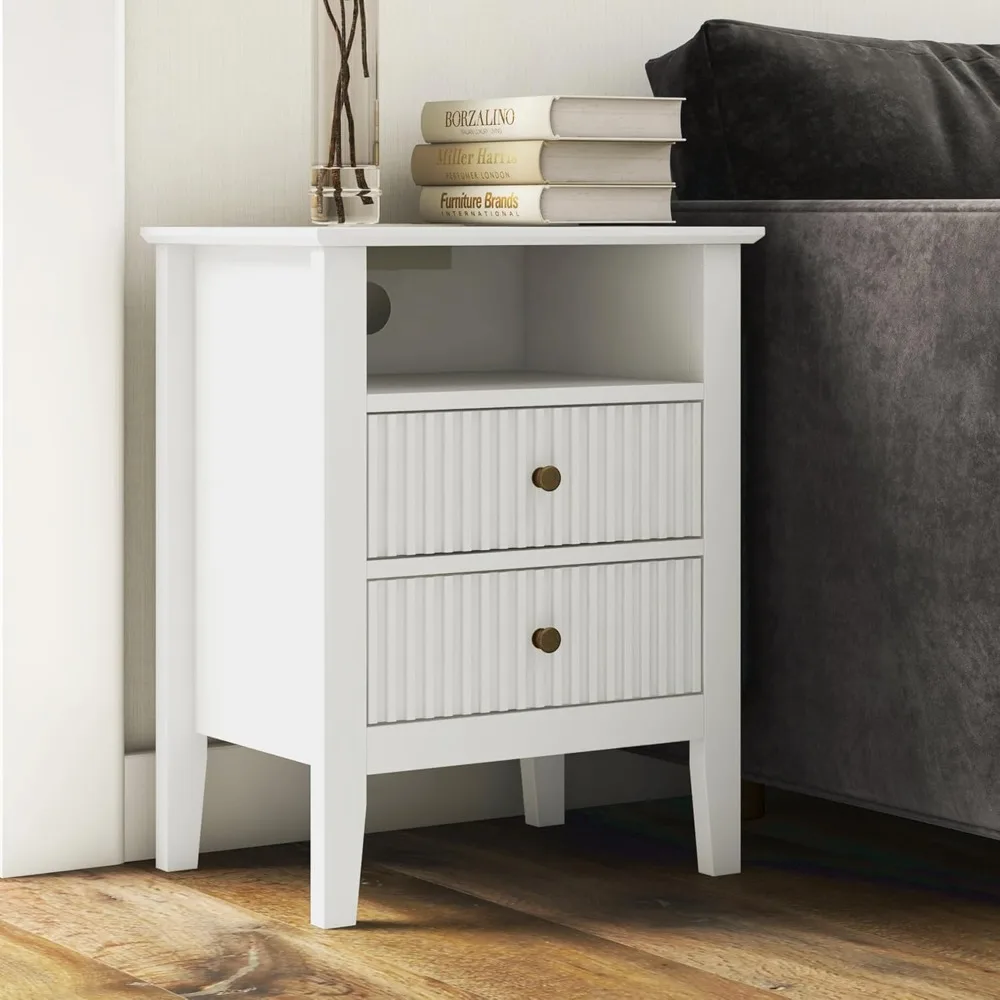 

White Nightstand with Charging Station, White Sofa Table with 2 Storage Drawers Cabinet, Tall End Table with Wooden Fluted-Desi