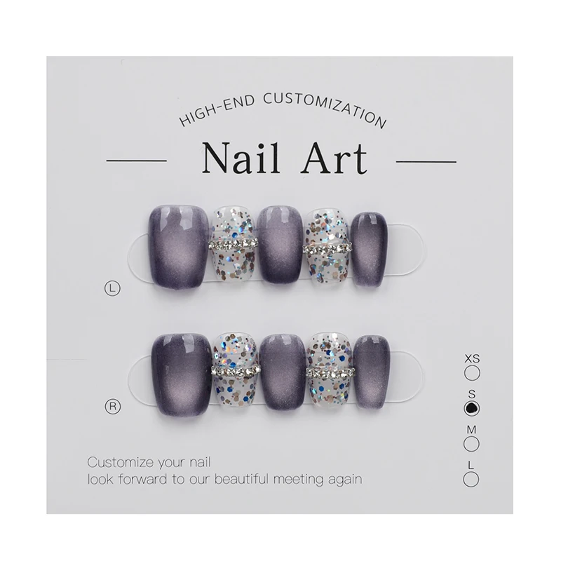 

10pc Crystal Cat's Eye Handmade Press On Nails Luxurious Ballet with Rhinestone Full Cover French Wearable Artificial False Nail