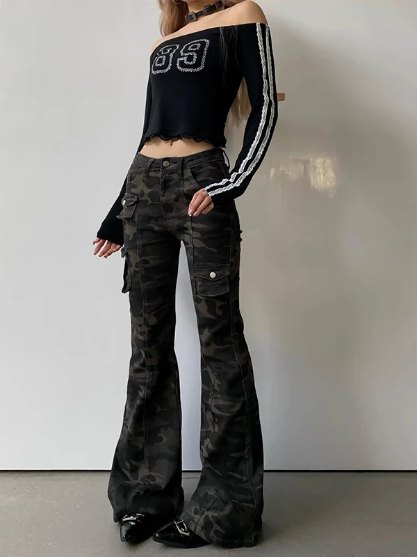 

Женские брюки-карго с высокой талией, весенне-осенние, камуфляжные, джинсовые, с широкими штанинами, с карманами, повседневные, износостойкие