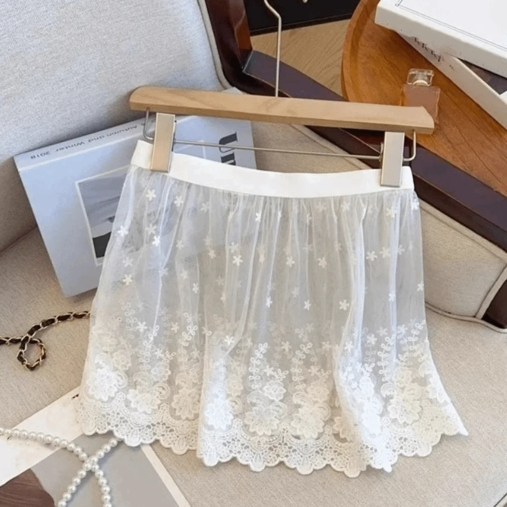 High Waist Lace Underskirt Slips Embroidery Flower Transparent Safety Skirt Petticoat Short Mesh Underskirt Slips Dress