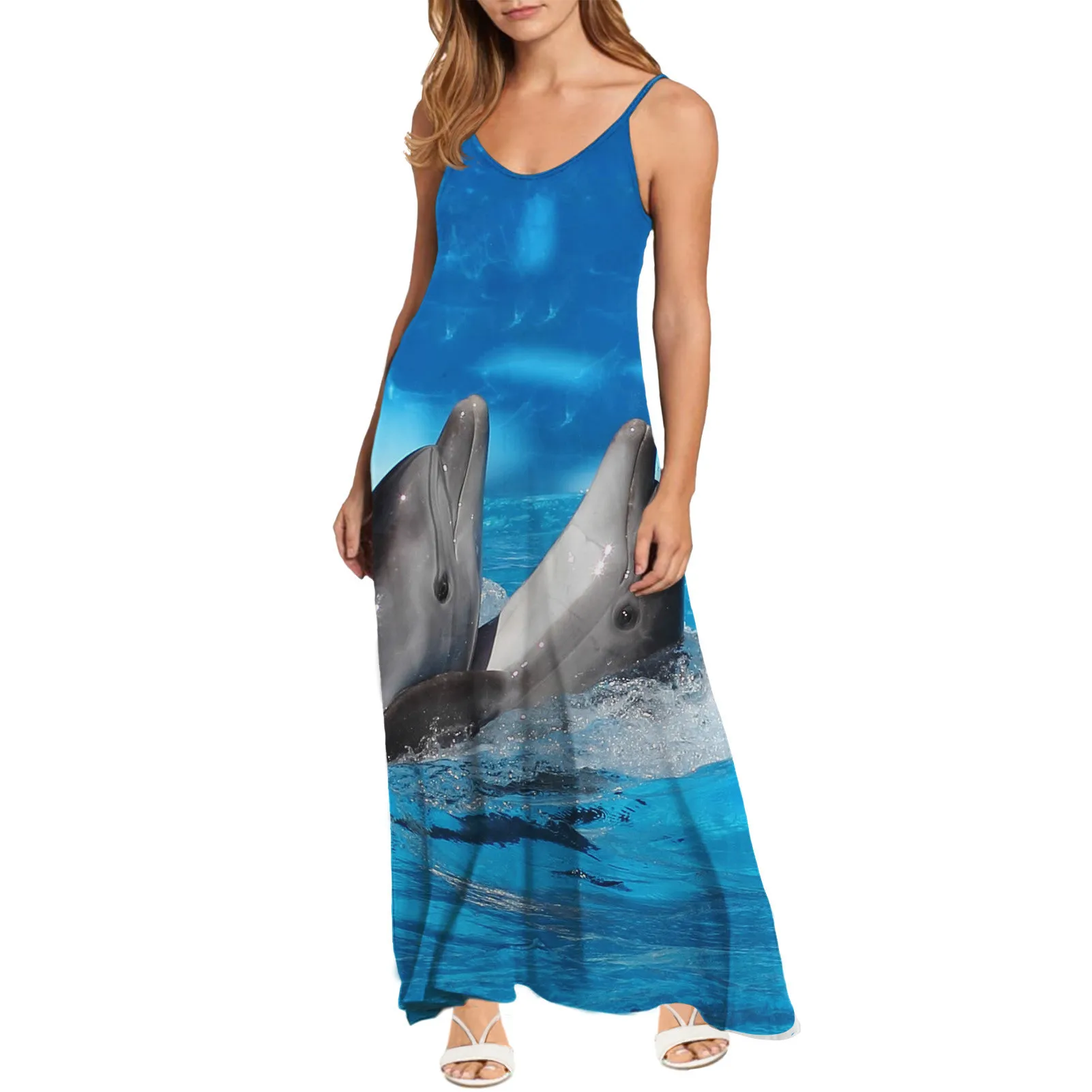 Noisydesigns Blue Women Dress Dolphin Shark Printed Aniamls Sling Long Sling Dress Summer New Women Sleeveless Dresses 2023